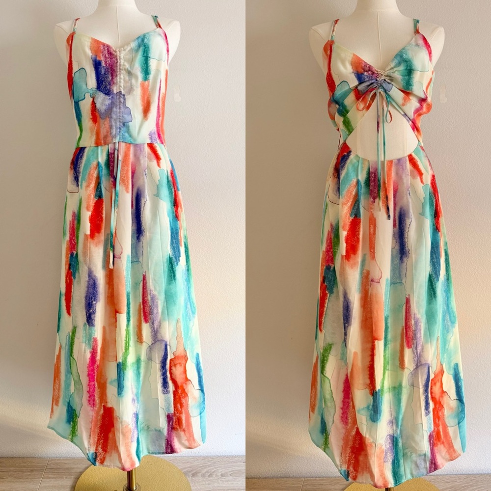 SILVAE colorful water color silk maxi dress sz S NWT 2 in 1 style‎